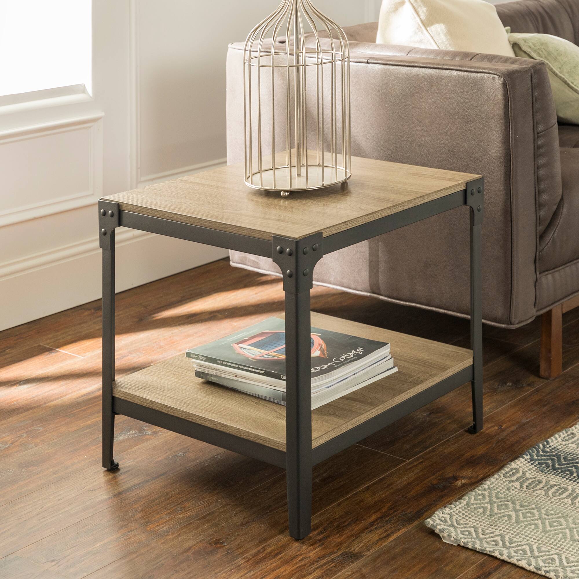 Walker Edison Driftwood Angle Iron Rustic Wood Side Table Set